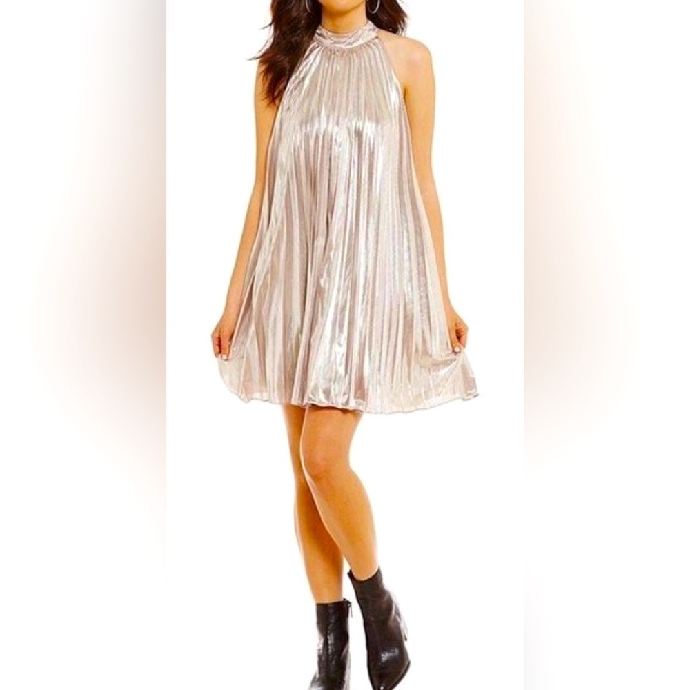 1. State Sleeveless Pleated Metallic Swing Dress